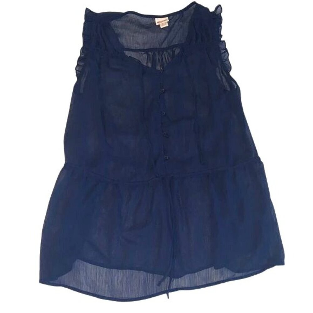 Mossimo Navy Sheer Sleeveless Ruffle Blouse With Button Front & Drawstring Waist